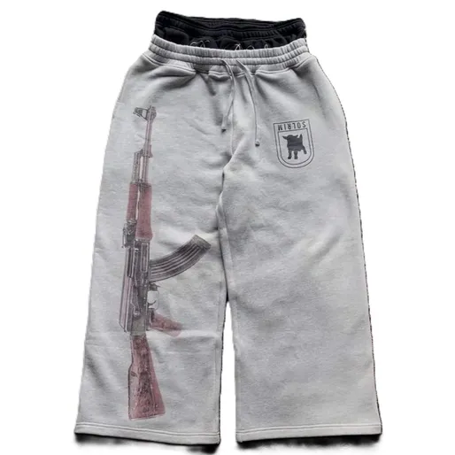 Screen  Ak-47 Print Double Waisted Grey Sweatpants online at CNFansSheets with global shipping